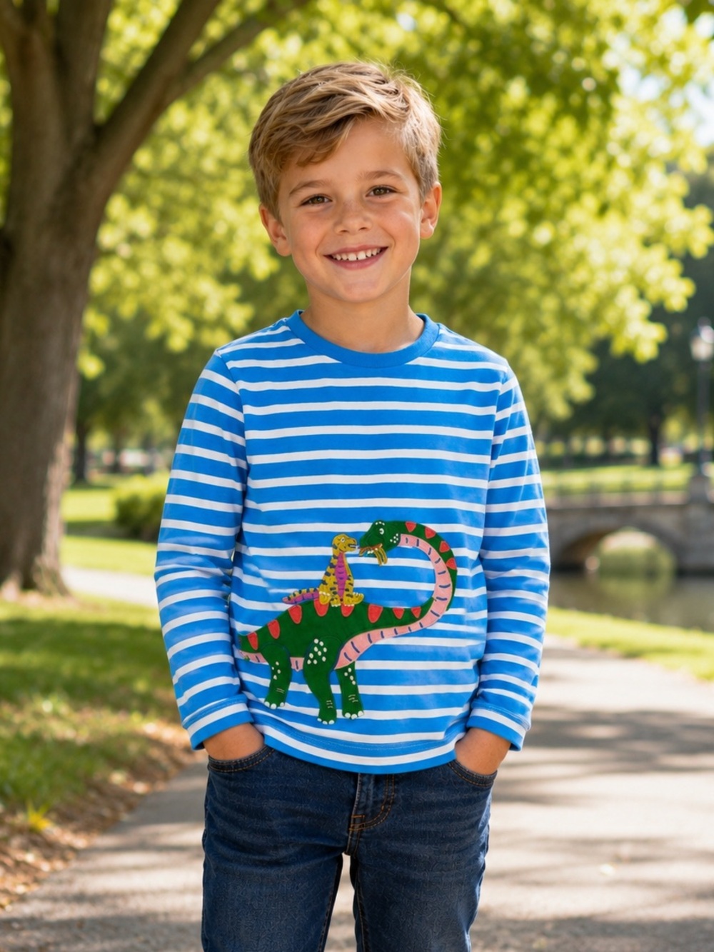 Mini Boden Blue Striped Dinosaur Top Long Sleeve Size 6-7